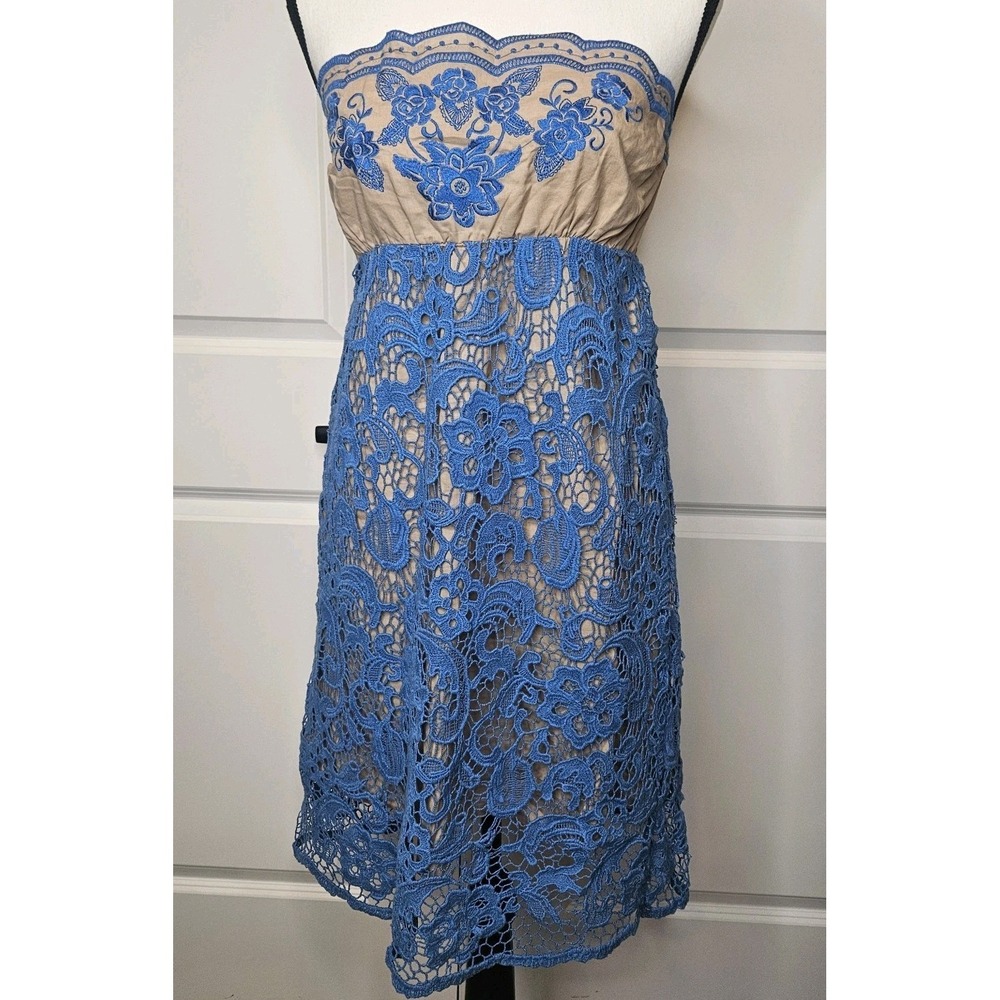 Flying Tomato Strappless Lace Dress Size Large Blue Embroidered Bodice Resort